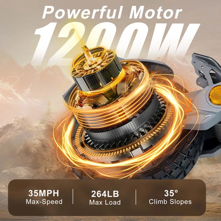 Close-up of the 10-inch rugged off-road tire and dual disc brake