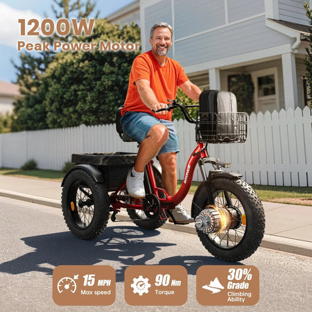 Close-up of the 20" x 4" all-terrain fat tire on the QRONGE electric tricycle.