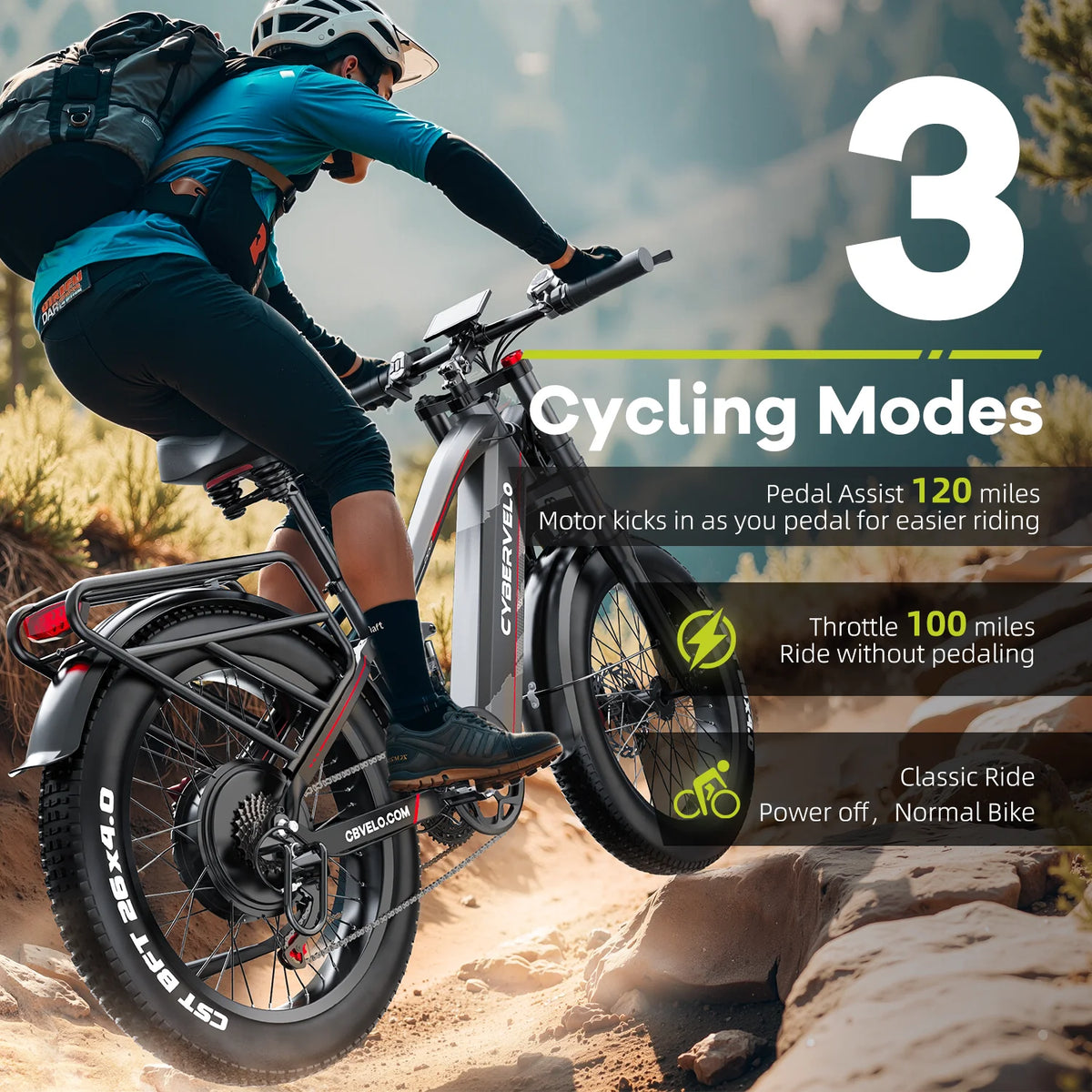 Close-up of the 26"x4.0 fat tire and heavy-duty front fork on the Cybervelo mountain e-bike
