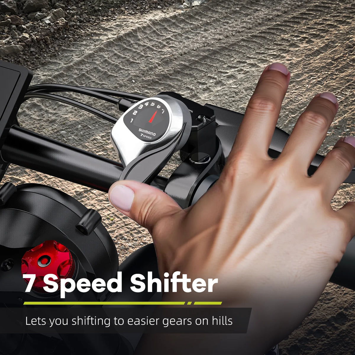 Close-up of the handlebar LCD display, throttle, and gear shifter controls