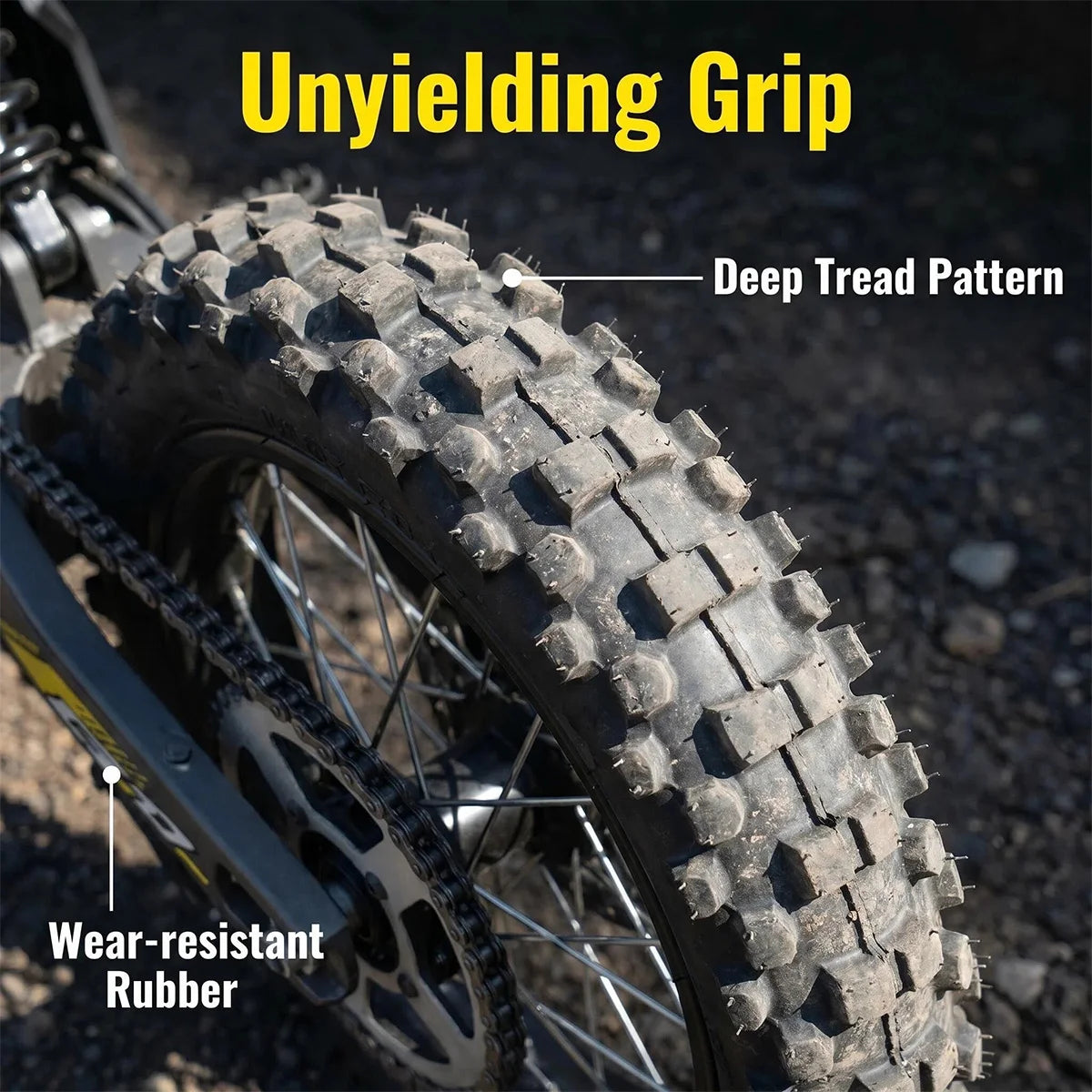 Close-up of the wide, knobby fat tires on the G1 e-dirt bike.