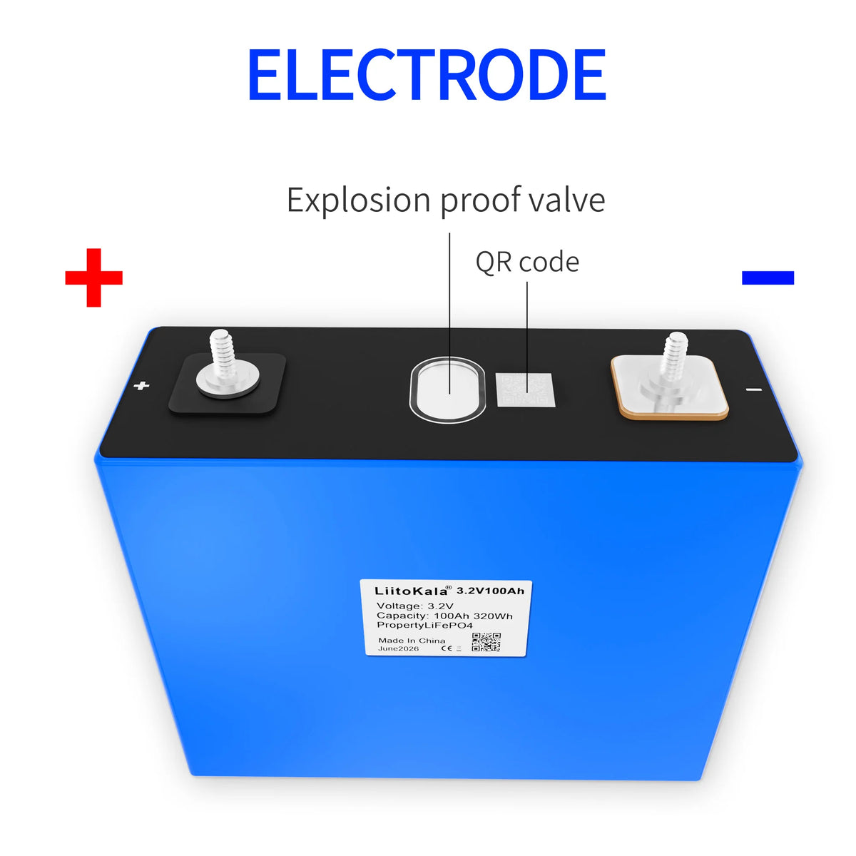 Close-up of threaded terminals and QR code on LiitoKala cell