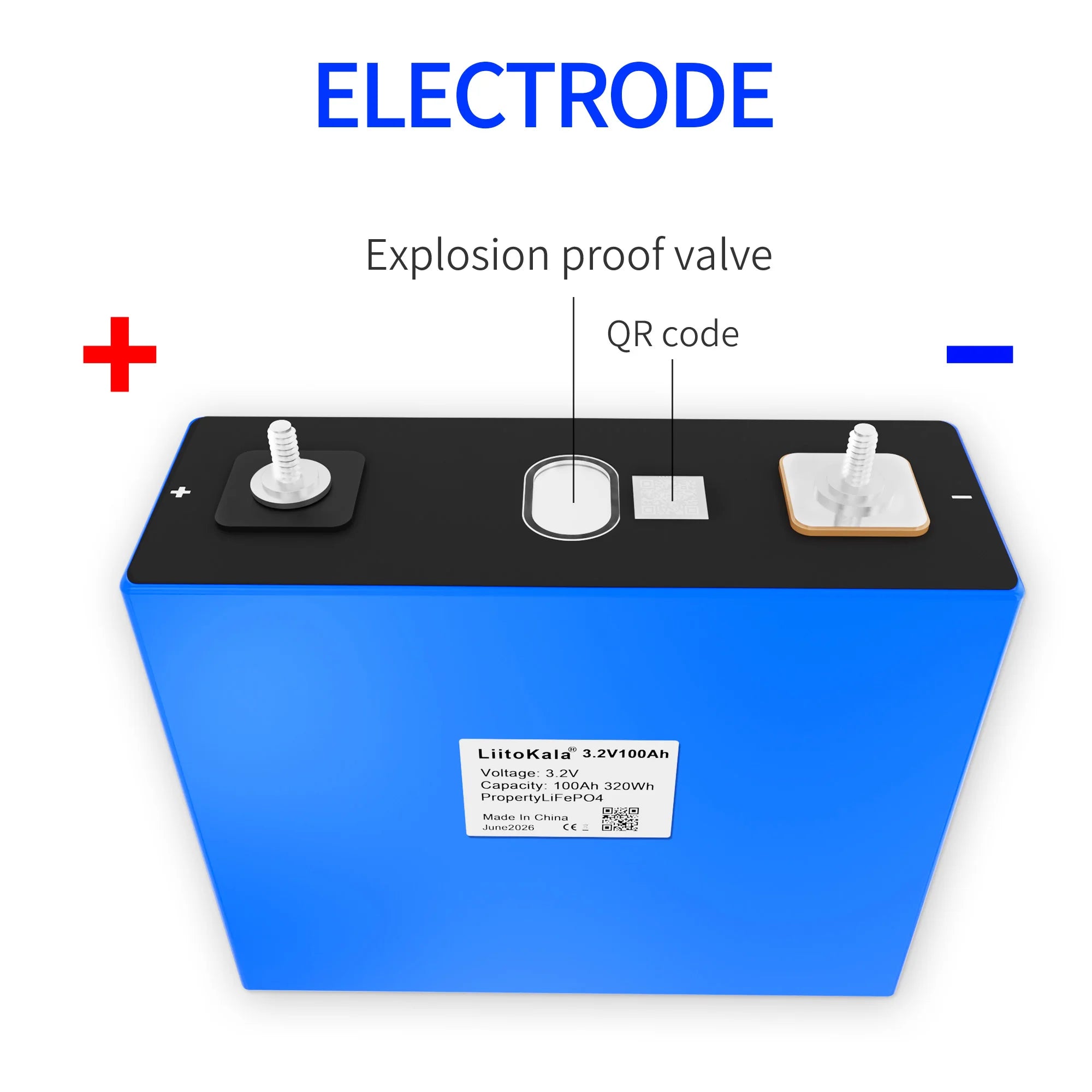 Close-up of threaded terminals and QR code on LiitoKala cell