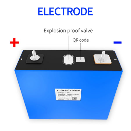 Close-up of threaded terminals and QR code on LiitoKala cell