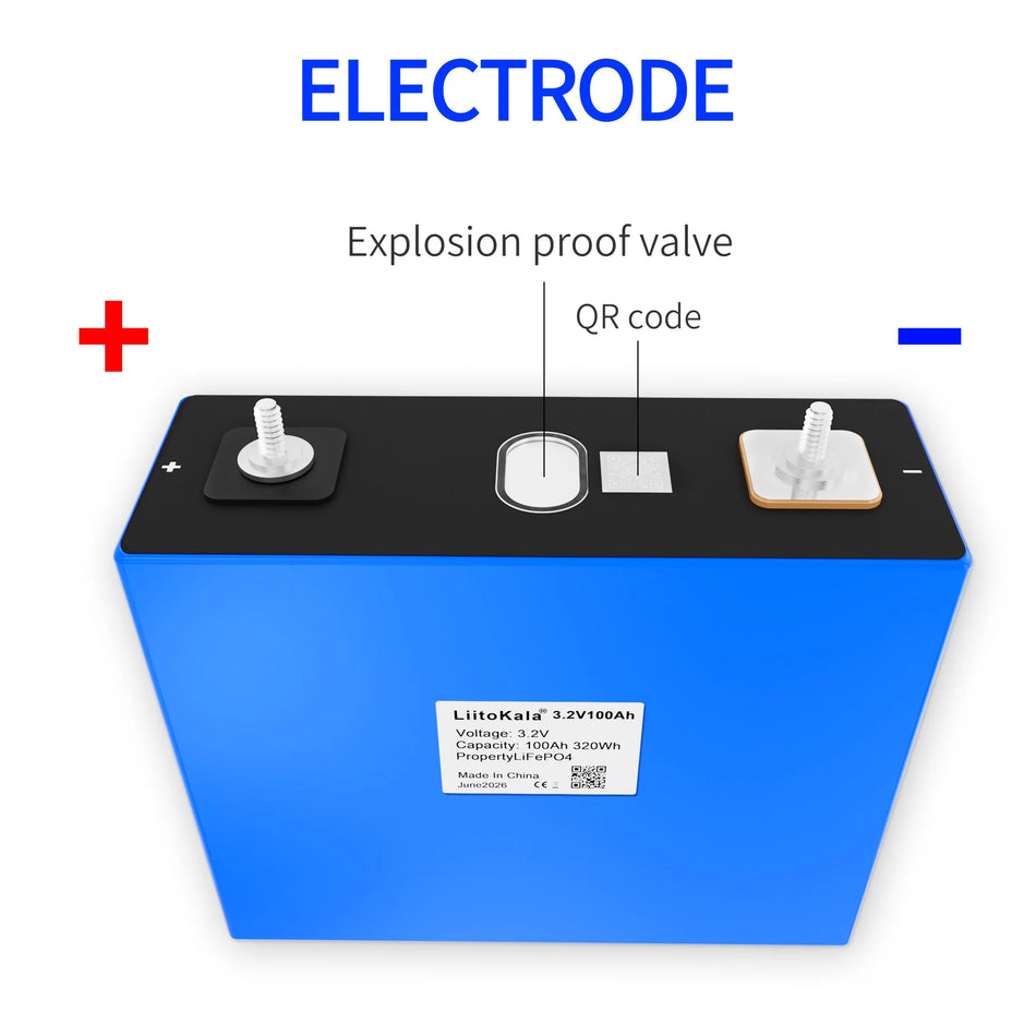 Close-up of threaded terminals and QR code on LiitoKala cell