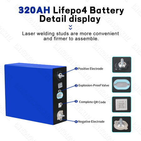 Close-up specification QR code and voltage label on 320Ah cell
