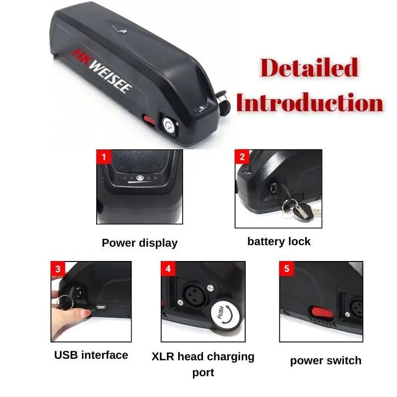 Close-up view of power switch, discharge port, and keys on a Hailong lithium battery