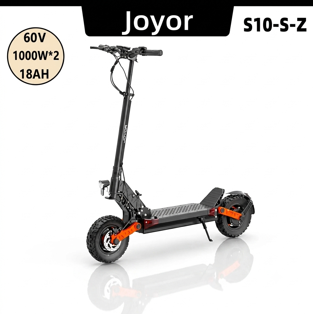 Close up of Joyor S10-S-Z 10-inch off-road tires and dual motor