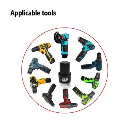 Compact 12.8Ah rechargeable lithium battery held in hand for scale with power tools