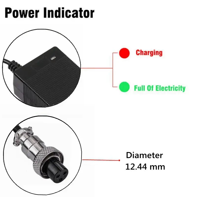 Power indicator for 67.2V 2.15A Smart Lithium Battery Charger for 16S 60V Li-ion Packs showing charging and full electricity indicators.