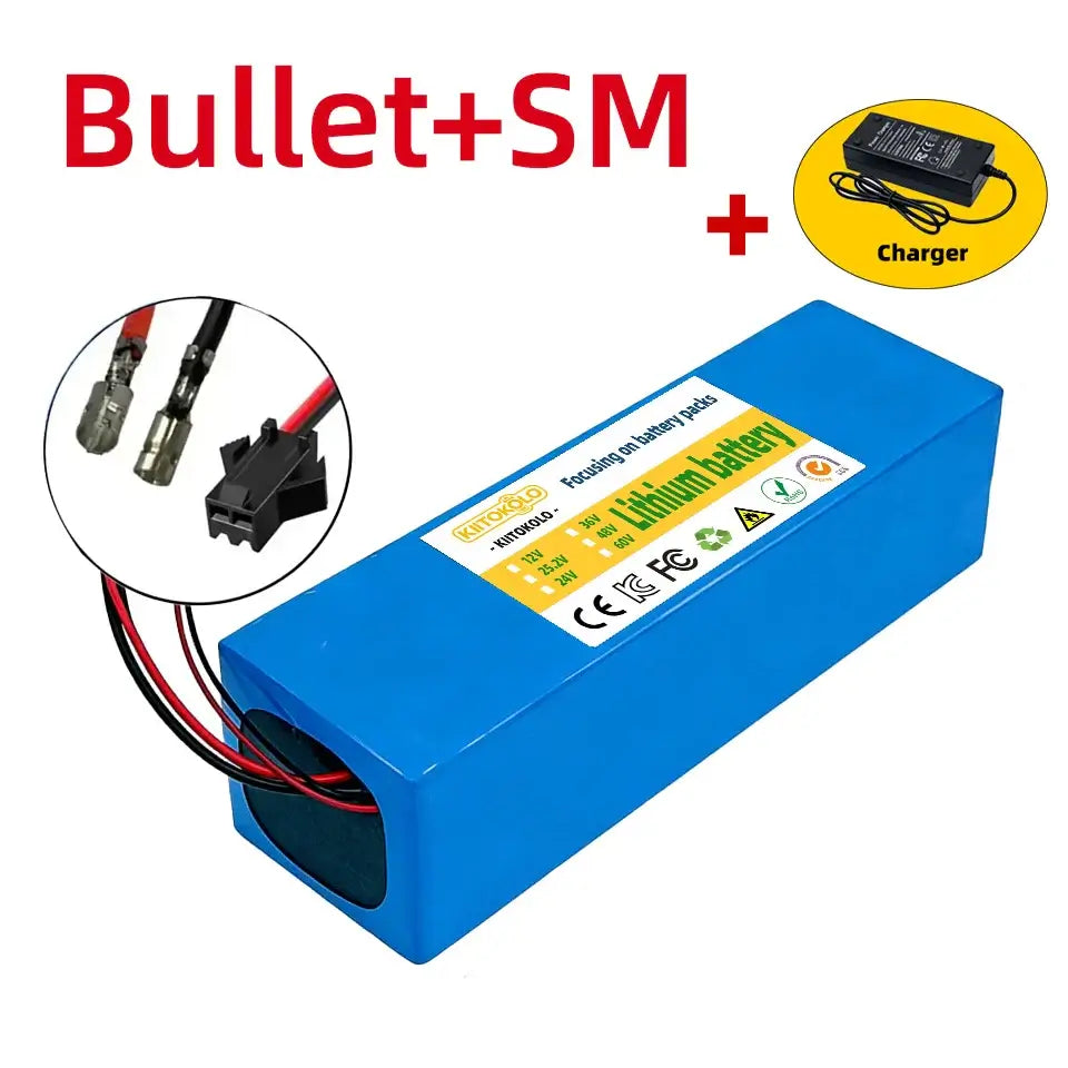 48V 10Ah Lithium-ion Rechargeable Battery 13S4P Pack for Electric Scooter with Smart BMS & 54.6V Charger with connectors