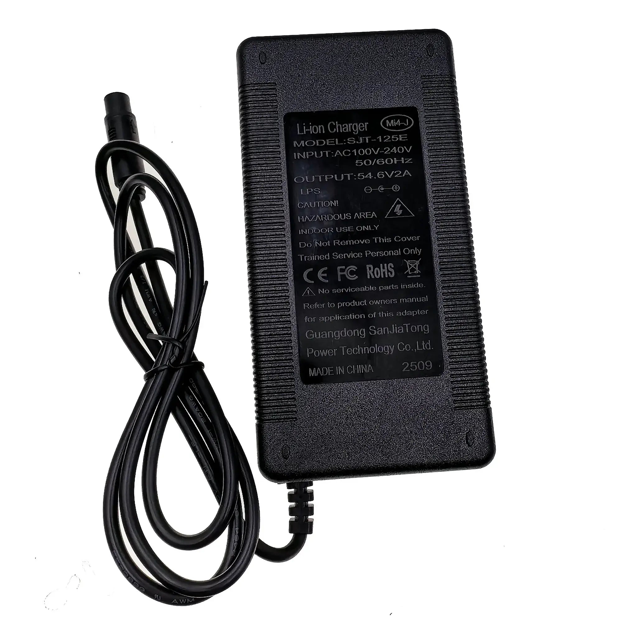 48V 13S Li-ion Battery Charger 54.6V 2A with MI4-Julet 3105 Connector, showing detailed specifications on the charger.