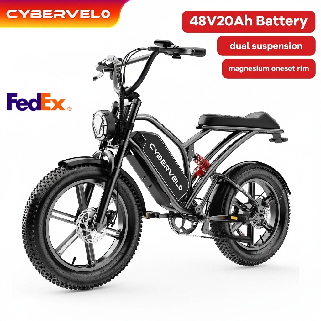 Cybervelo EK11f electric dirt bike parked on a rugged mountain trail showcasing 20-inch fat tires