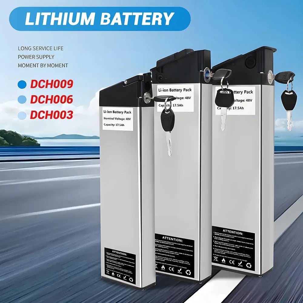 DCH-003/006/009 E-Bike Battery 36V 48V 52V (10Ah-17Ah) 350W-1000W on display for electric bikes.