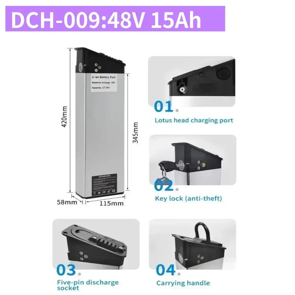 DCH-003/006/009 E-Bike Battery 36V 48V 52V (10Ah-17Ah) 350W-1000W features including charging port and key lock.