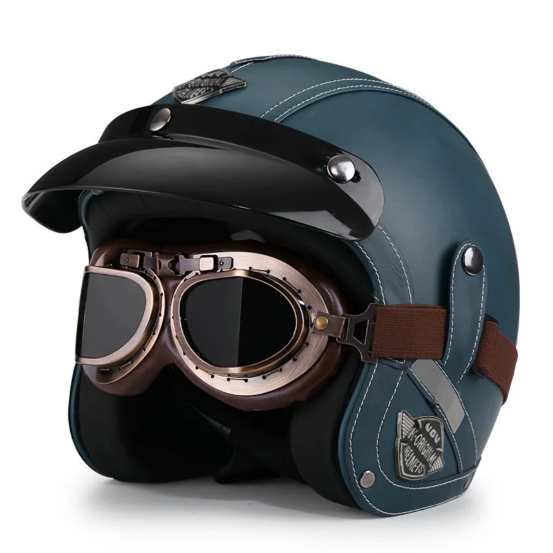 Dark blue retro motorcycle helmet with copper mirror visor