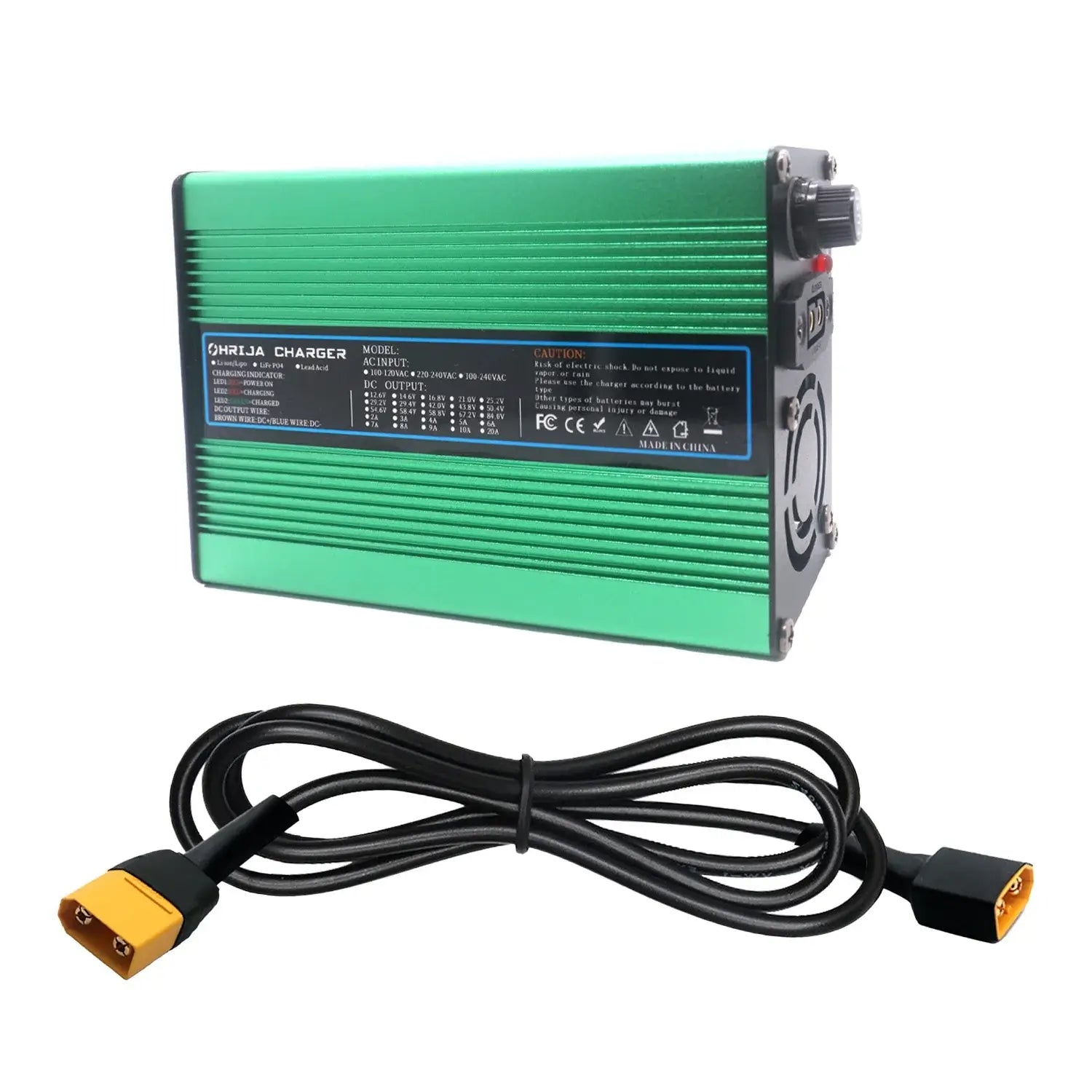 OHRIJA 18.25V 10A Quick Charger for 5S 16V LiFePO4 Battery - Aluminum Shell with charging cable.