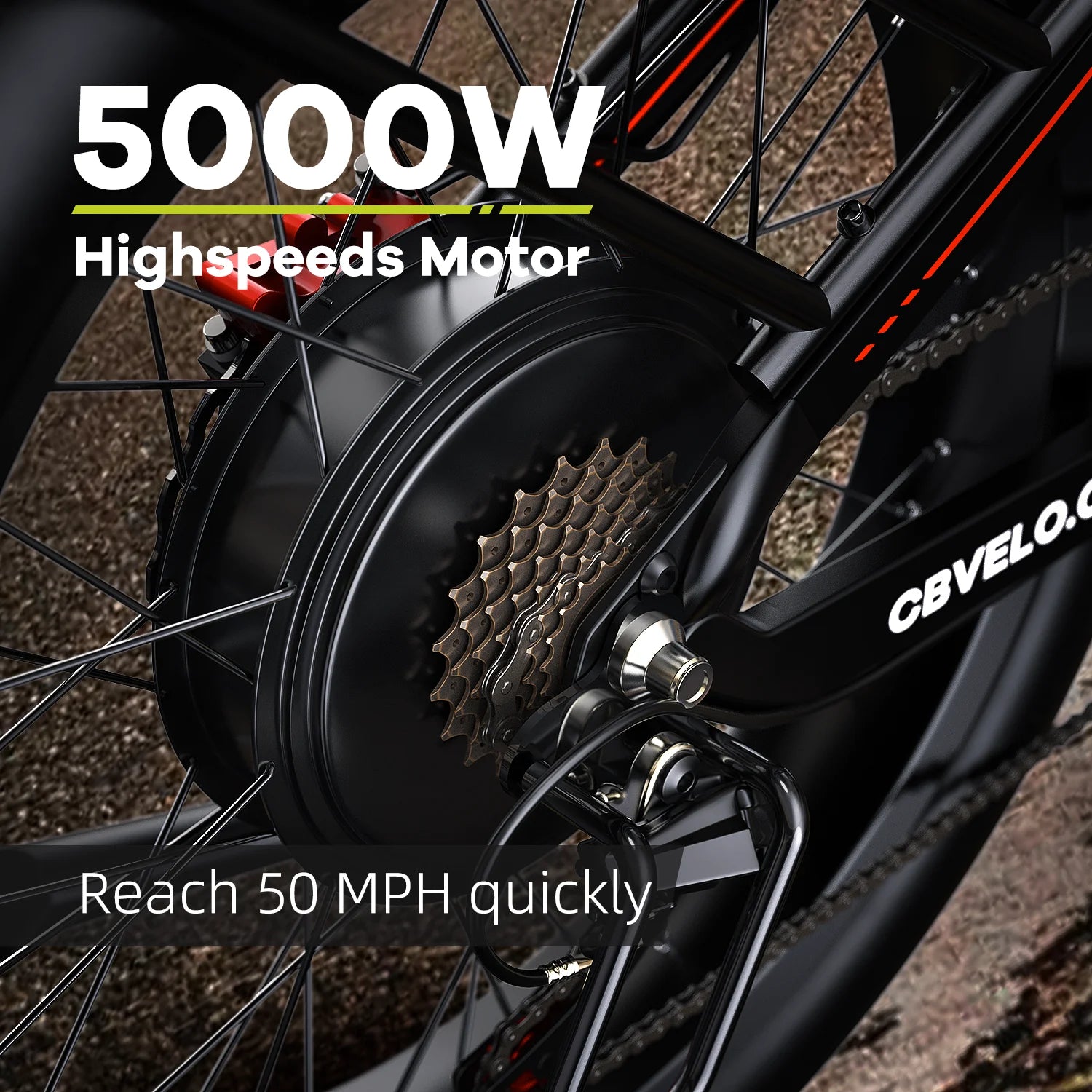 Detail shot of the 5000W peak motor integrated into the rear wheel hub