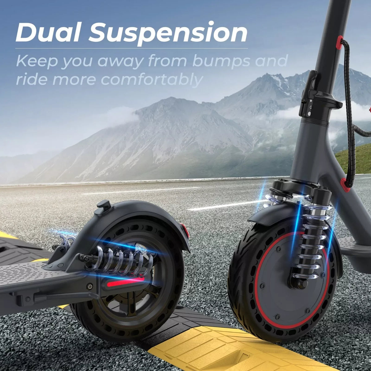 Detailed shot of the front wheel and integrated shock-absorbing suspension system