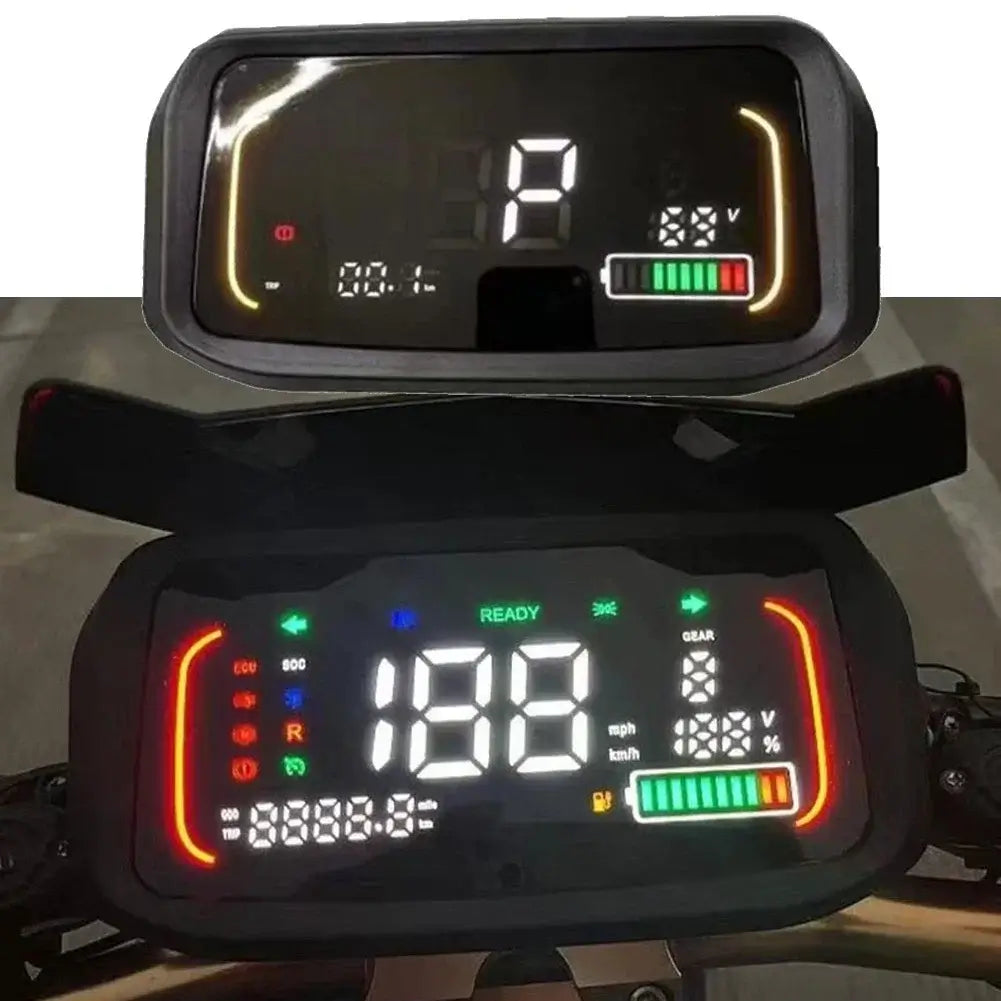 Detailed view of voltage and odometer icons on 72V e-bike control panel