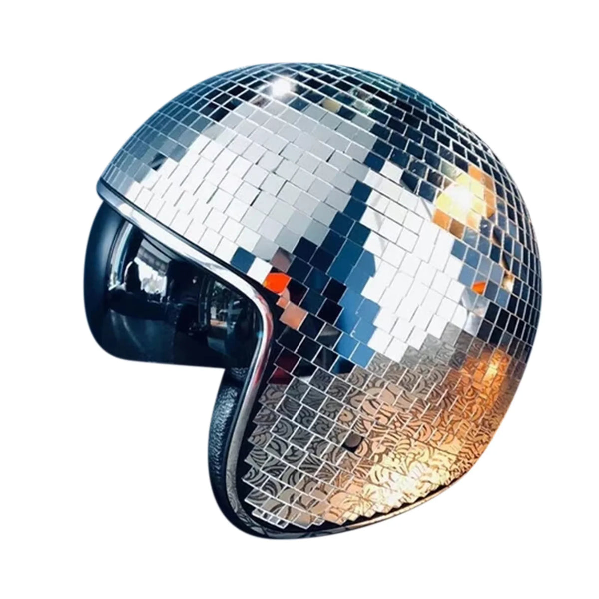 Disco ball helmet with retractable glitter mirror visor