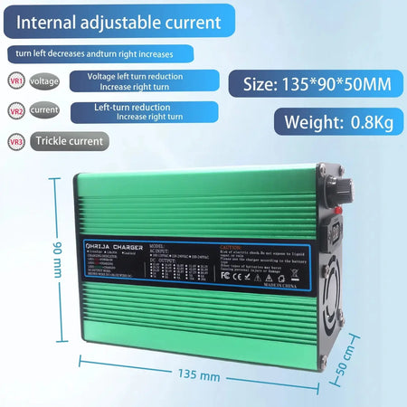 OHRIJA 18.25V 10A Quick Charger for 5S 16V LiFePO4 Battery - Aluminum Shell with adjustable current and dimensions.