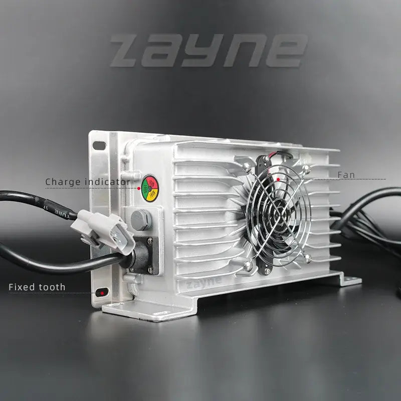 Waterproof Onboard Battery Charger 24V-72V for Golf Cart & Marine AGM Lead-Acid side view with charge indicator and fan.