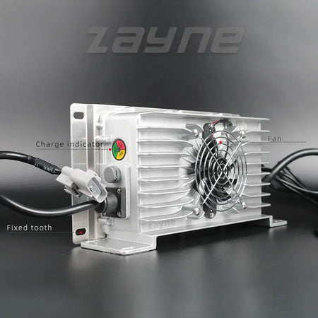 Waterproof Onboard Battery Charger 24V-72V for Golf Cart & Marine AGM Lead-Acid side view with charge indicator and fan.