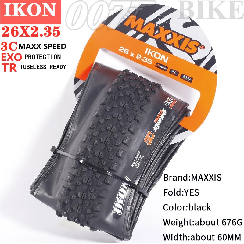 Durable Maxxis IKON XC bicycle tire stacked on white background
