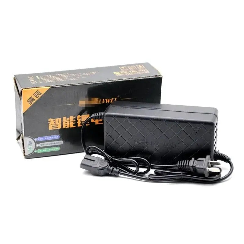 Smart 60V 16S Lithium Charger 67.2V 2A for 10Ah 12Ah 14Ah 20Ah Battery with power cord and packaging.