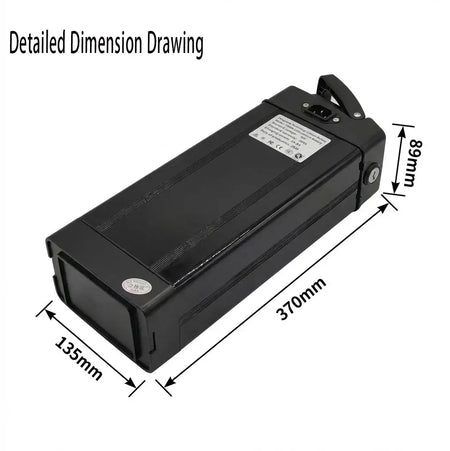 48V Folding E-Bike Battery - 12Ah 20Ah 30Ah 40Ah Lithium-ion 18650 Pack for 250W-800W Motors detailed dimension drawing