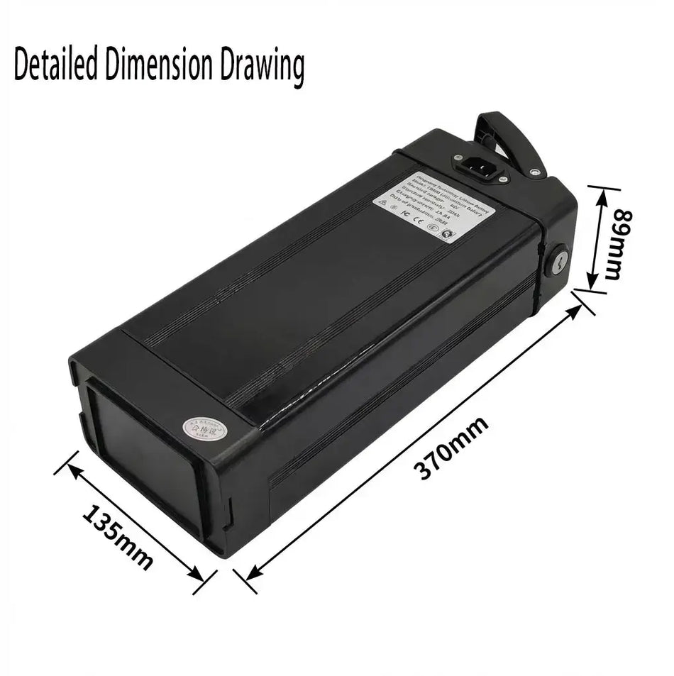 48V Folding E-Bike Battery - 12Ah 20Ah 30Ah 40Ah Lithium-ion 18650 Pack for 250W-800W Motors detailed dimension drawing