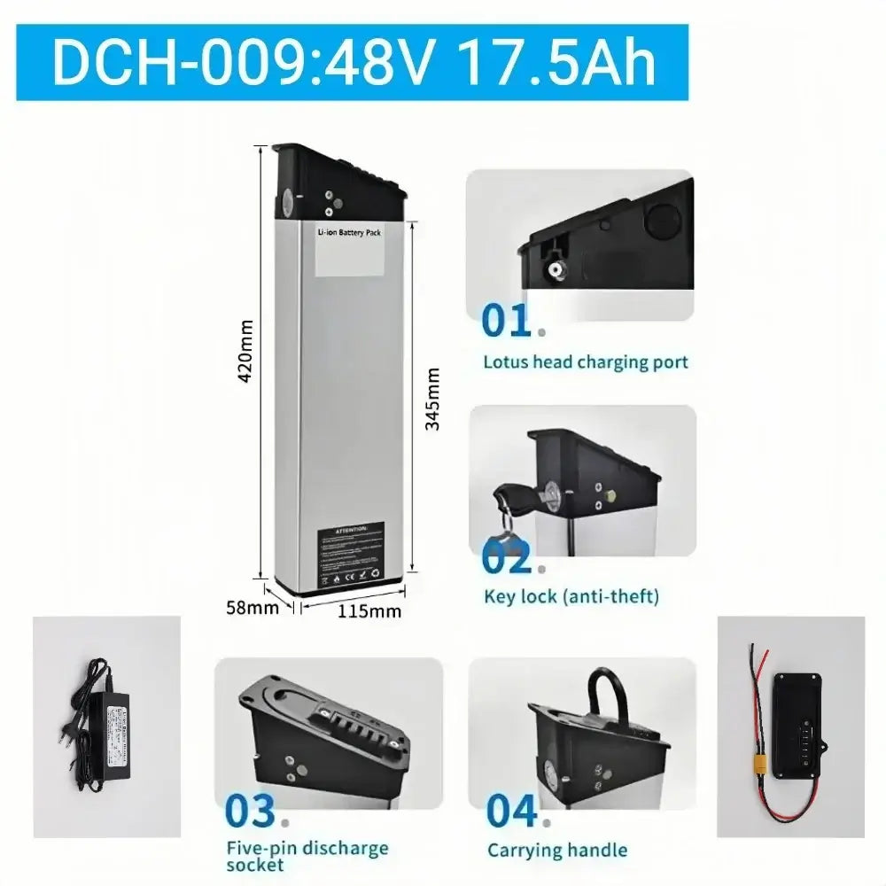 DCH-009 48V 17.5Ah Replacement Battery features overview including charging port, key lock, and discharge socket.