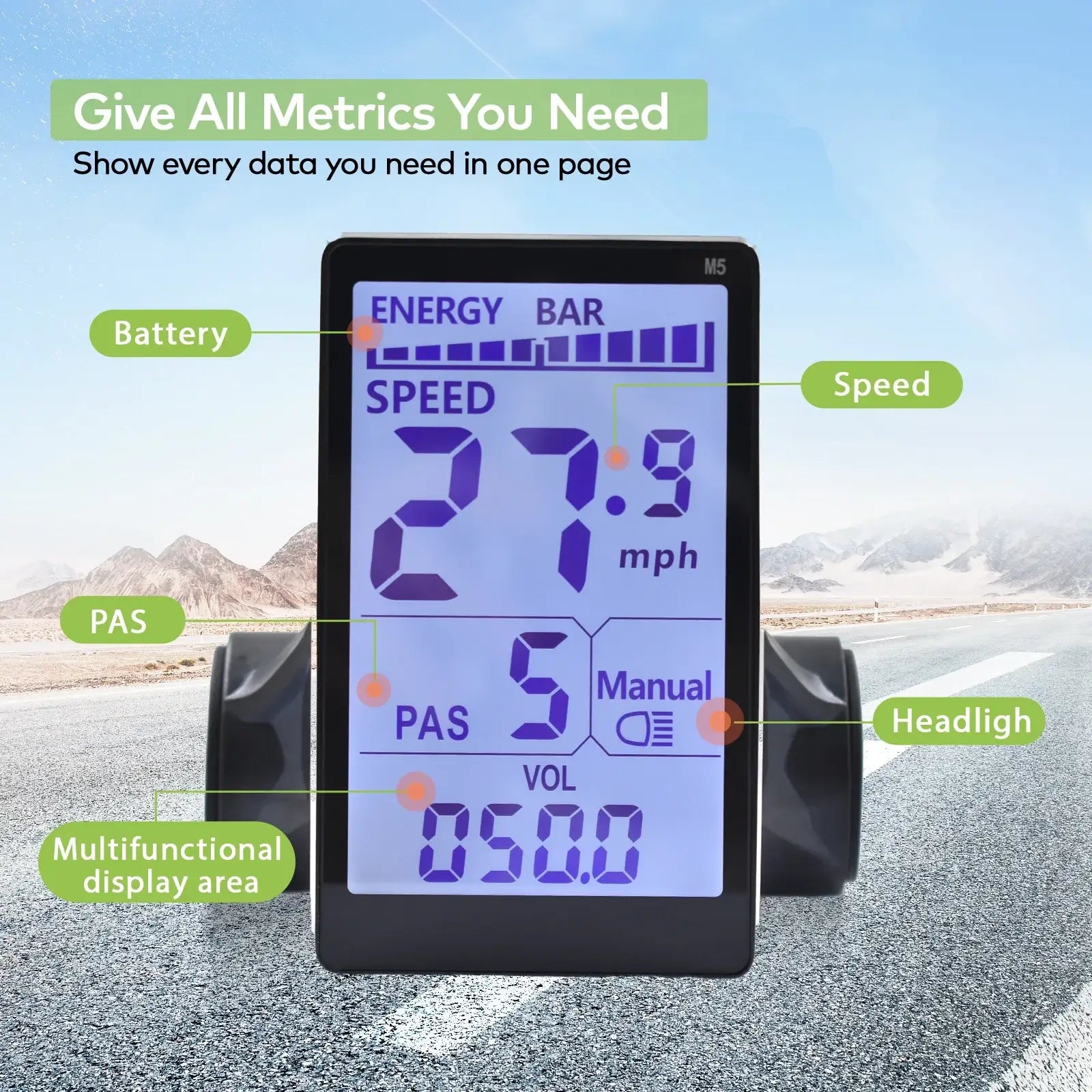 E-bike computer screen showing speed and battery levels.