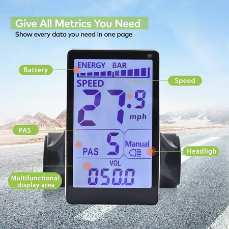 E-bike computer screen showing speed and battery levels.