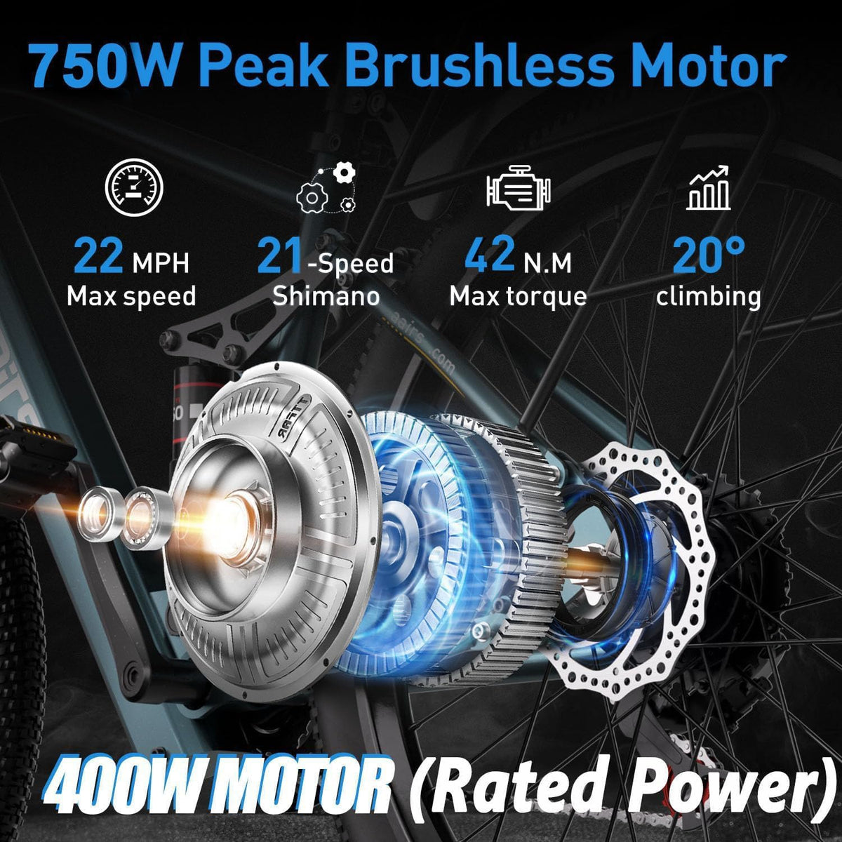   GT900 Electric Bike Black, 24/26 Inch, 750W Peak Motor, 28MPH, Full Suspension, Removable 13Ah/20Ah Battery