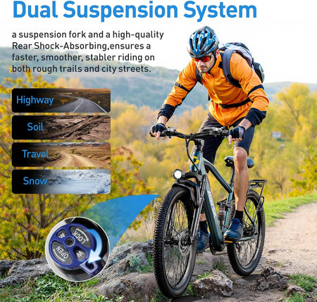   GT900 Electric Bike Black, 24/26 Inch, 750W Peak Motor, 28MPH, Full Suspension, Removable 13Ah/20Ah Battery