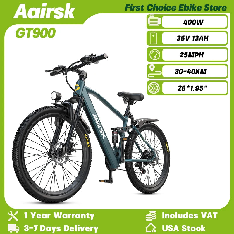   GT900 Electric Bike, Cyan, 24/26 Inch Rim, 750W Peak Motor, 28MPH, Dual Suspension, 13Ah/20Ah Removable Battery
