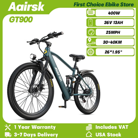  GT900 Electric Bike, Cyan, 24/26 Inch Rim, 750W Peak Motor, 28MPH, Dual Suspension, 13Ah/20Ah Removable Battery