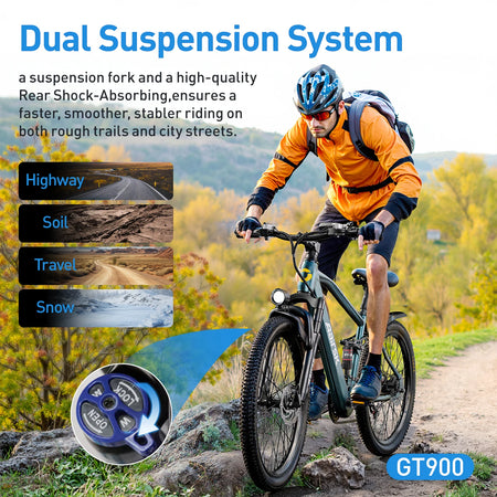   GT900 Electric Bike, Cyan, 24/26 Inch Rim, 750W Peak Motor, 28MPH, Dual Suspension, 13Ah/20Ah Removable Battery