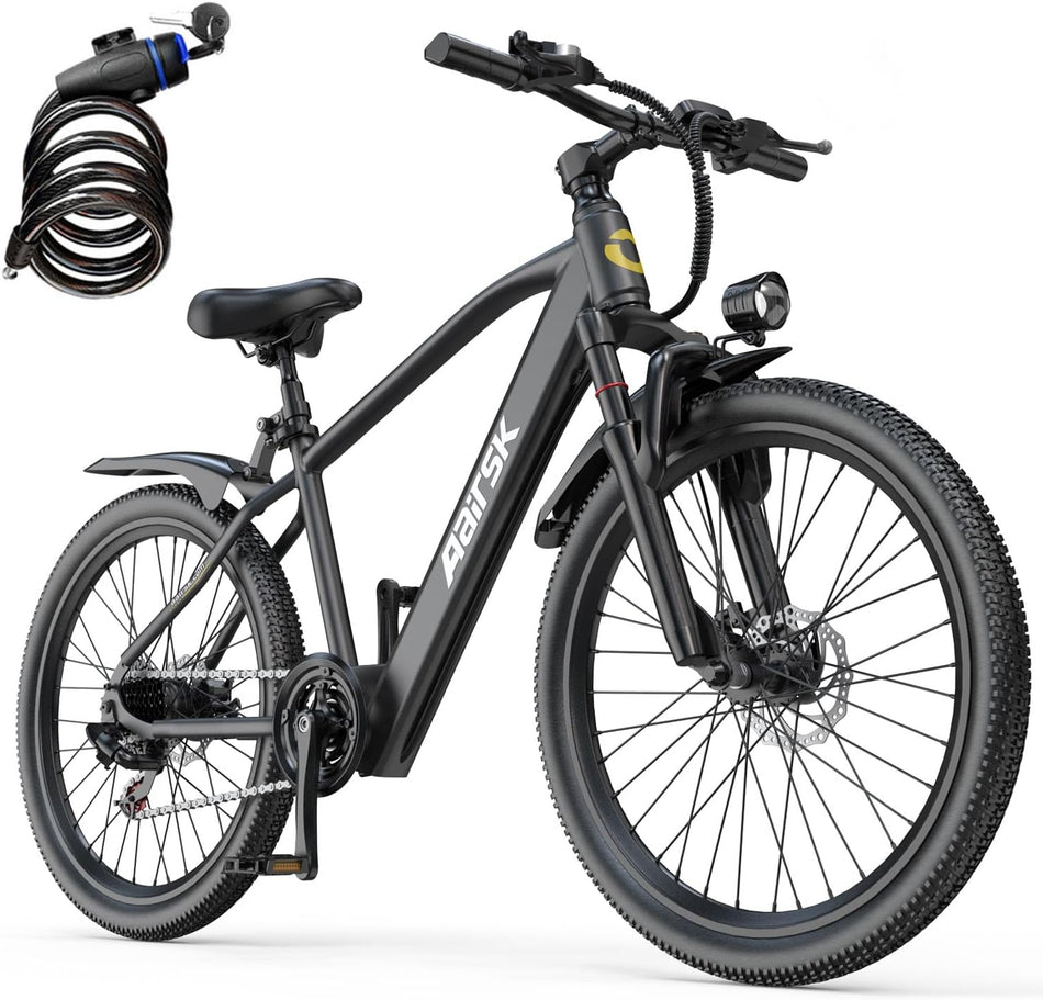   Aairsk GT300 750W Electric Bike for Adults, 24" 26" 40+ Mile Commuter Ebike, Removable Battery, NFC Unlock, 7-Speed Shimano, Suspension Fork