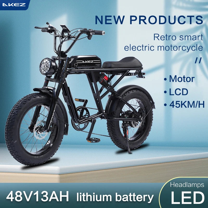   AKEZ S2 48V 750W Electric Bike – 13Ah Long Range Lithium Battery, 20” Fat Tire E-Bike for Adults