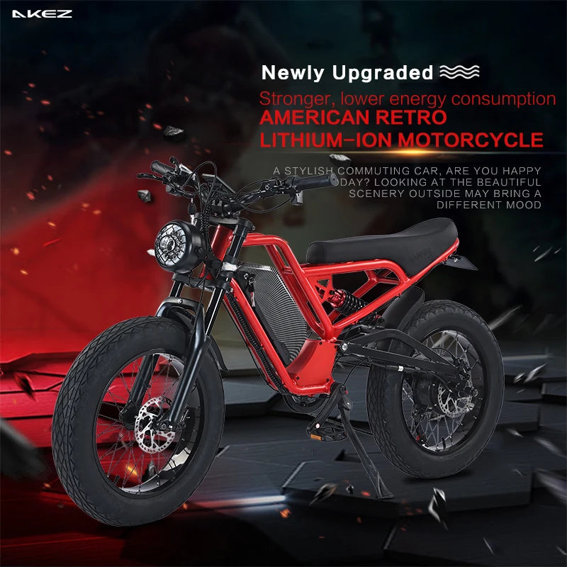   AKEZ Jaguar 48V 1500W Vintage Electric Motorcycle – 18Ah Fat Tire E-Bike with Suspension Fork for Adults