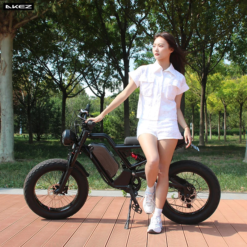   AKEZ Jaguar 48V 1500W Vintage Electric Motorcycle – 18Ah Fat Tire E-Bike with Suspension Fork for Adults
