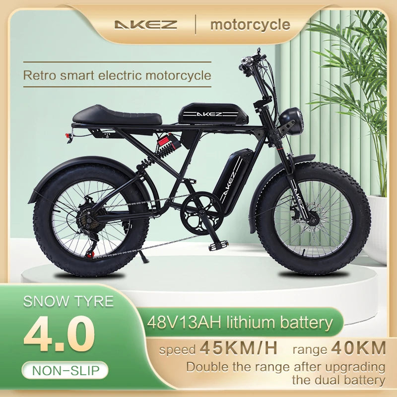   AKEZ S2 48V 750W Electric Bike – 26Ah Steel Frame, 20” Wheels, Long Range E-Bike for Adults