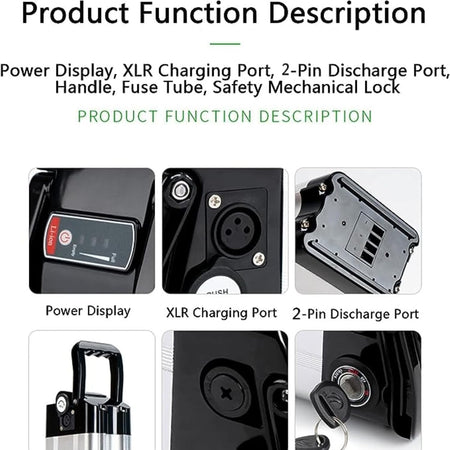   36V/48V E-Bike Battery 15.6Ah/18Ah/21Ah Lithium Pack with Lock, LED Indicator & Handle | Aluminum Alloy Shell for 250W–1000W Motors