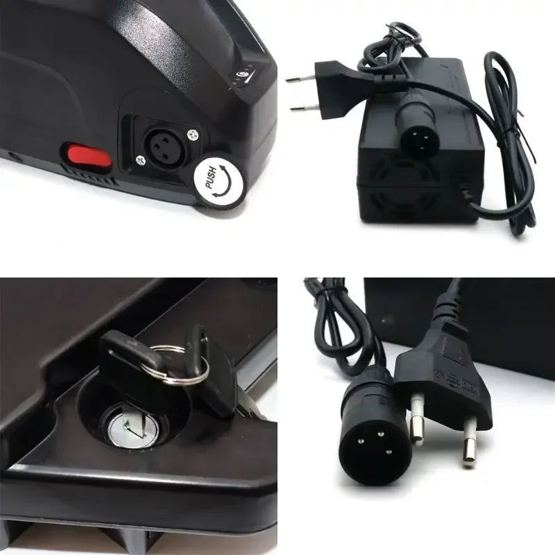 Electric mountain bike frame with Hailong 36V 48V 52V battery installed on down-tube