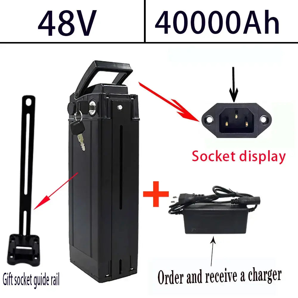 48V Folding E-Bike Battery - 12Ah 20Ah 30Ah 40Ah Lithium-ion 18650 Pack for 250W-800W Motors with charger socket display.