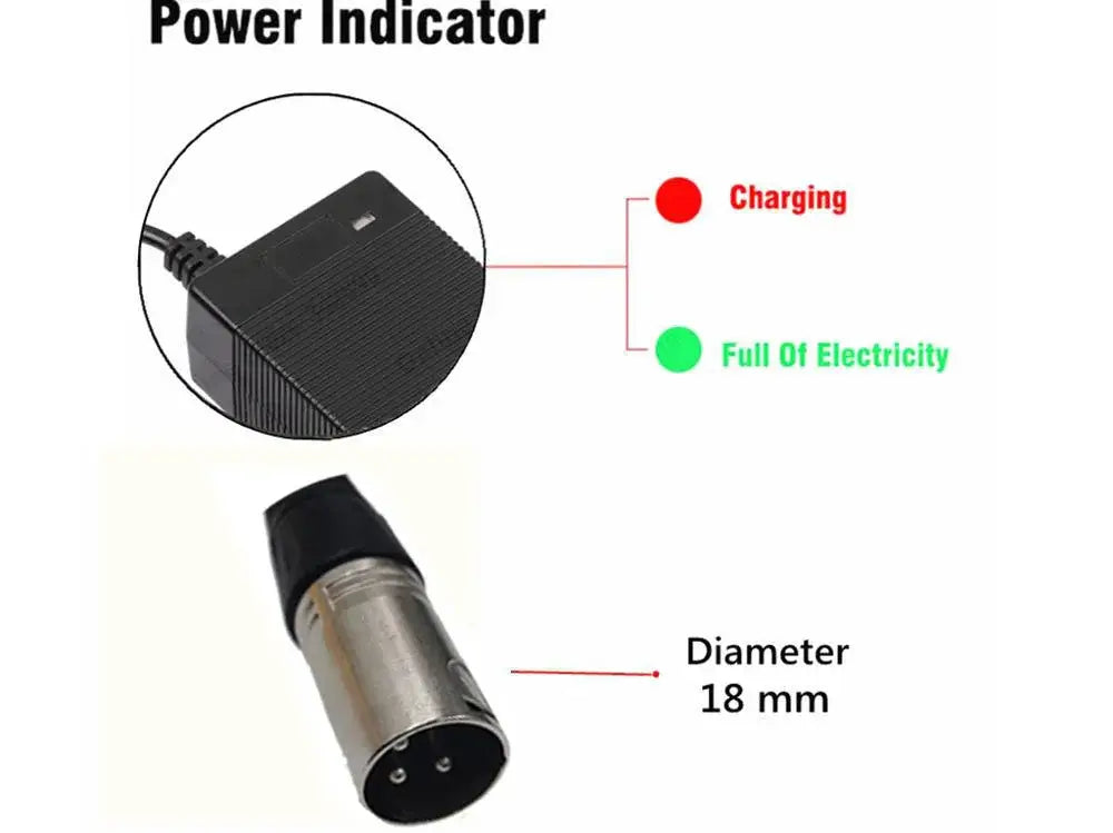 54.6V 3A Lithium Battery Charger for 48V 13S Battery Pack (XLR Plug) with power indicator features and dimensions.