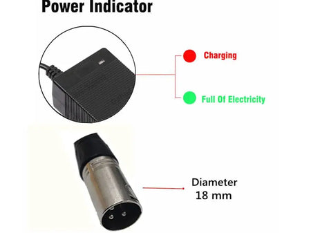 54.6V 3A Lithium Battery Charger for 48V 13S Battery Pack (XLR Plug) with power indicator features and dimensions.